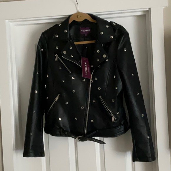 Vigoss Jackets & Blazers - VIGOSS.  NWT   FAUX LEATHER  MOTO STYLE  BLACK STAR STUDDED JACKET